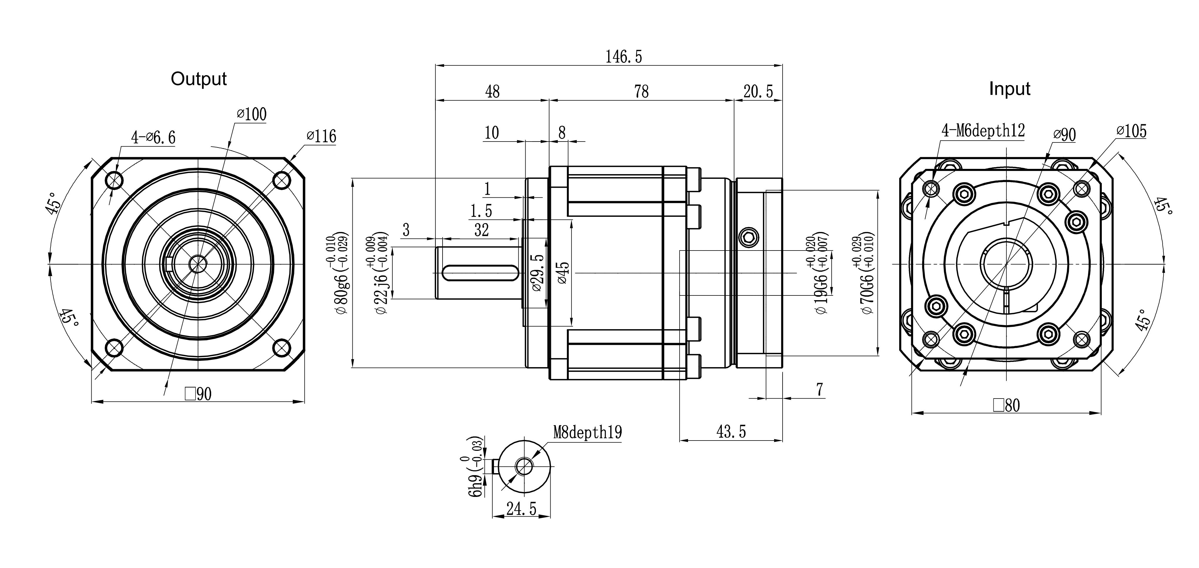 090SB servo motor dimensional drawing (1-stage)