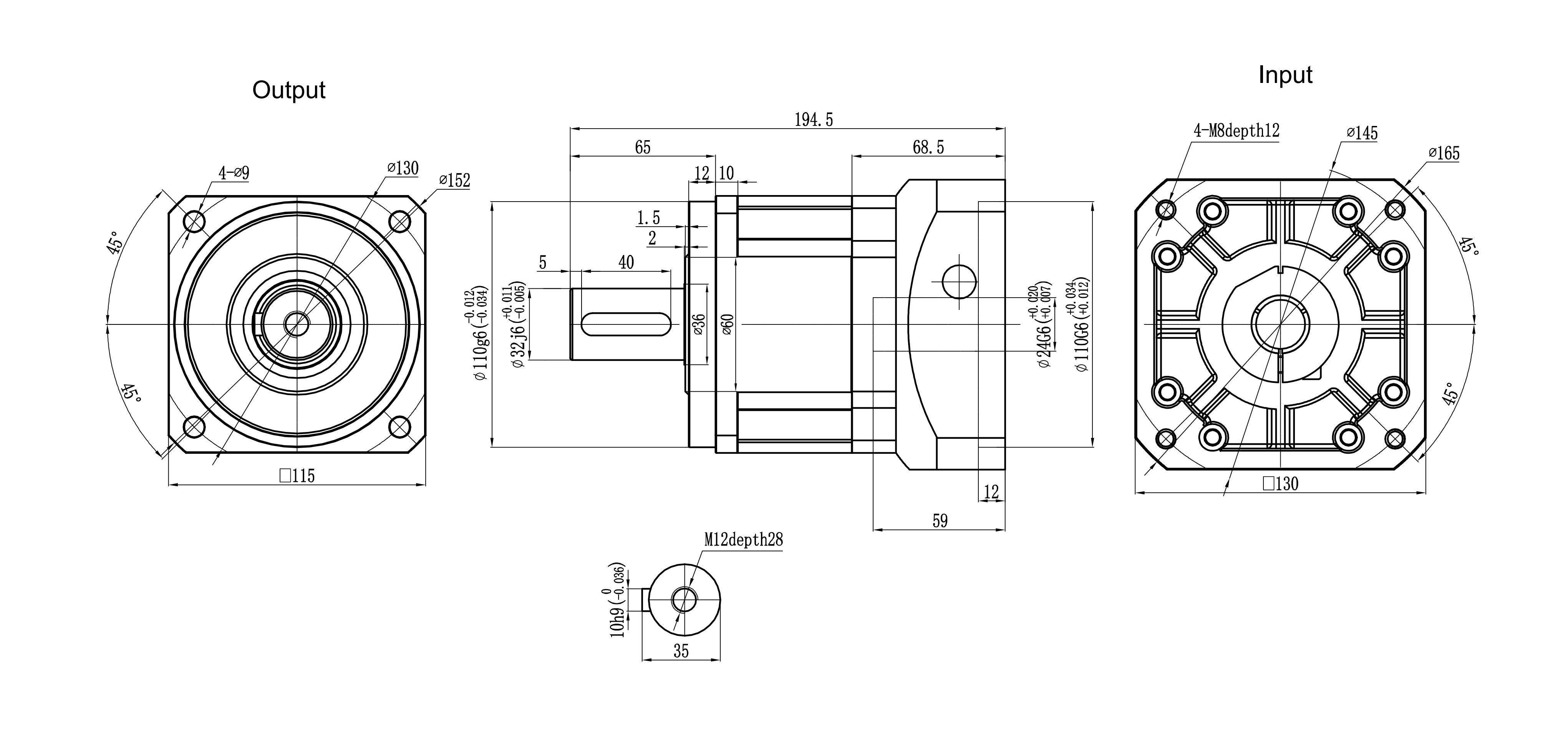 115SB servo motor dimensional drawing (1-stage)