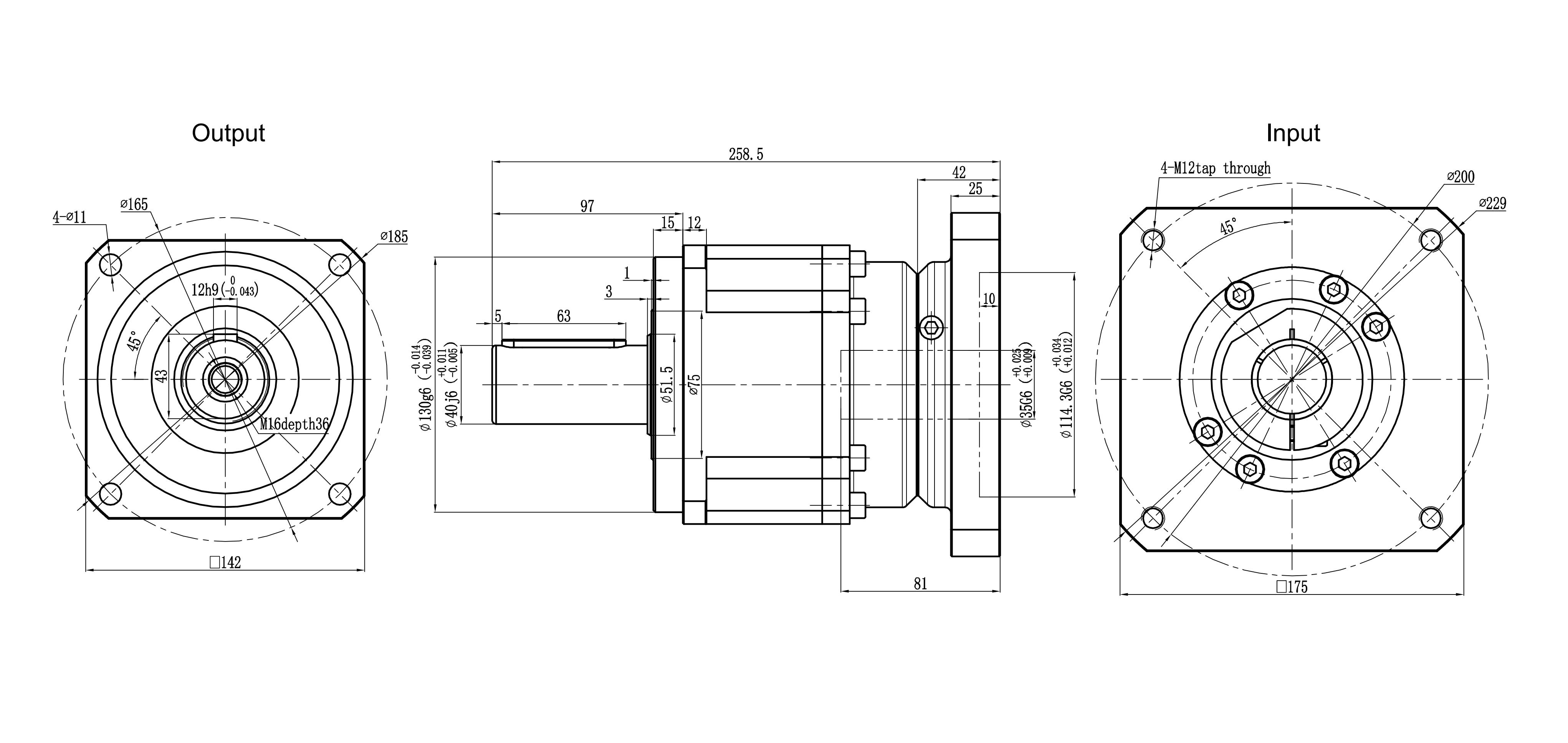 142SB servo motor dimensional drawing (1-stage)